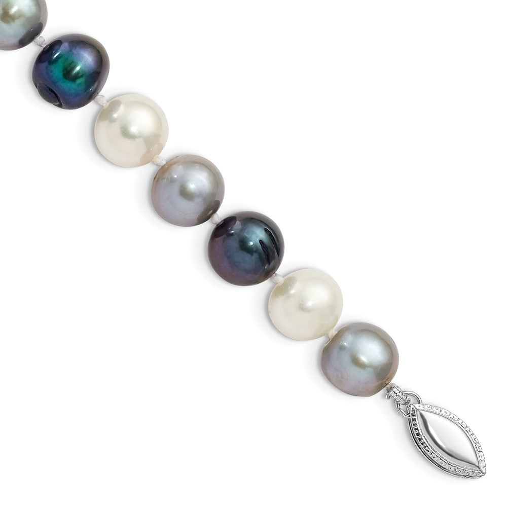 Sterling Silver Rhodium-plated 8-9mm Black, Green and White Semi-Round Freshwater Cultured Pearl 7.5 inch Bracelet 7.5 inches