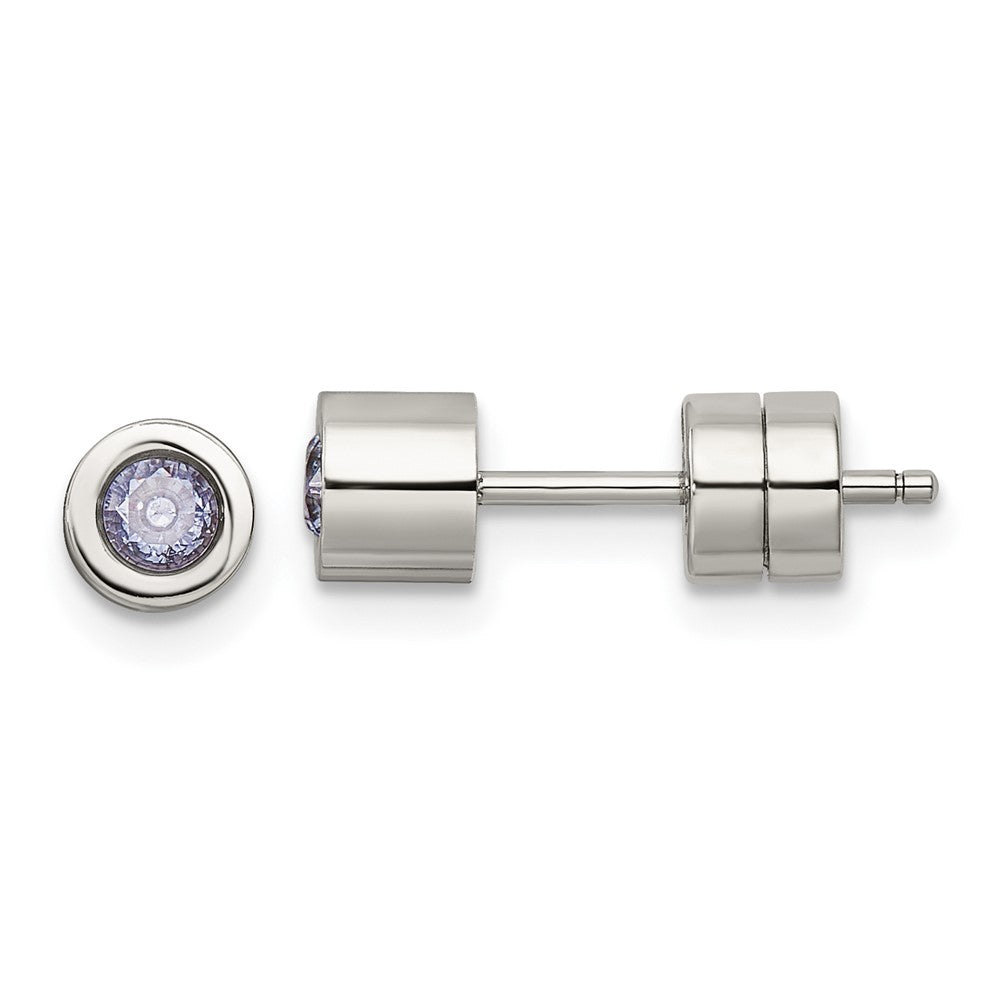 Stainless Steel Polished Pink CZ June Birthstone Post Earrings