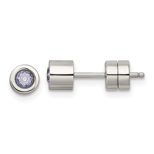 Stainless Steel Polished Pink CZ June Birthstone Post Earrings