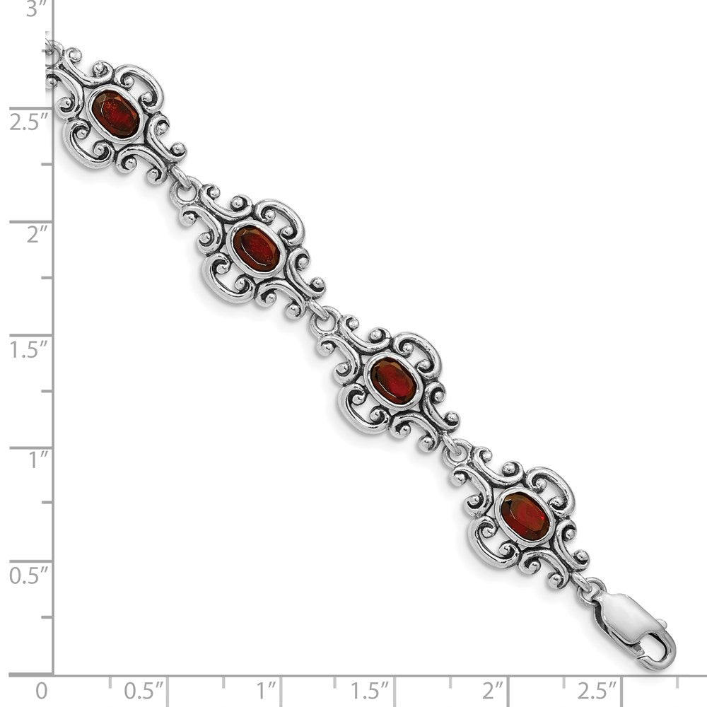 Sterling Silver Rhodium Plated Antiqued Garnet Bracelet 7.25 inches