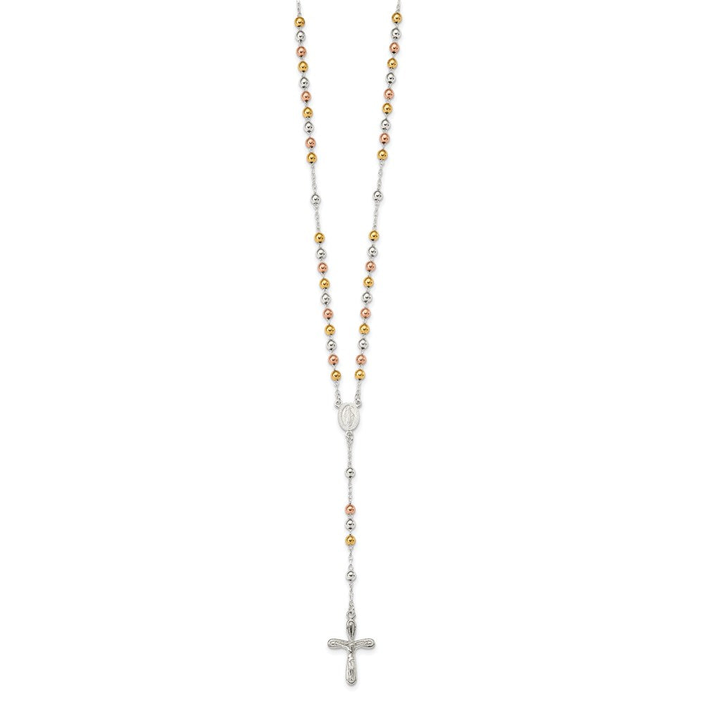 Sterling Silver Polished White Rose and Yellow Bead Rosary 18 inch Necklace 18 Inches