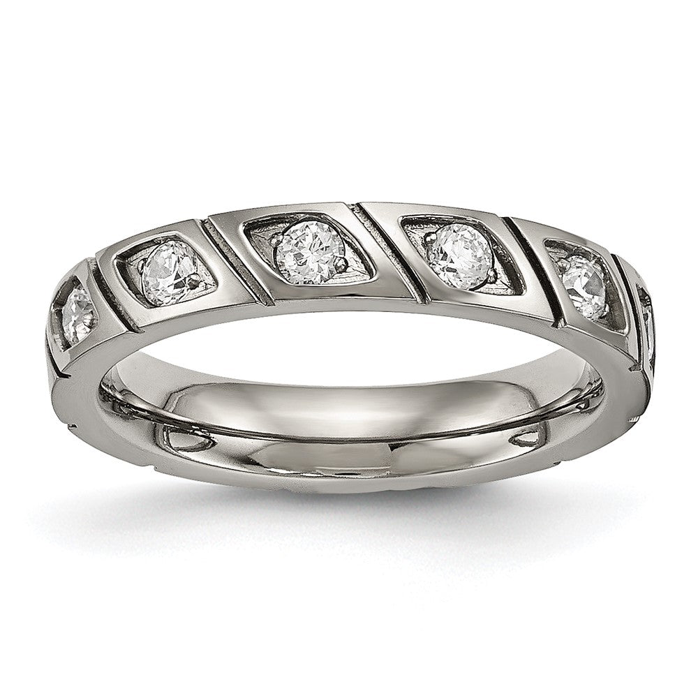 Titanium Polished with CZ 4mm Grooved Band Size - 9.5