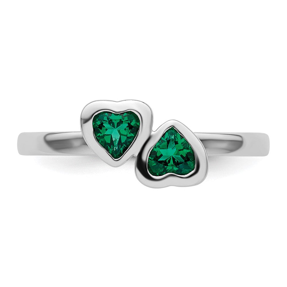 Sterling Silver Stackable Expressions Cr. Emerald Double Heart Ring Size -5