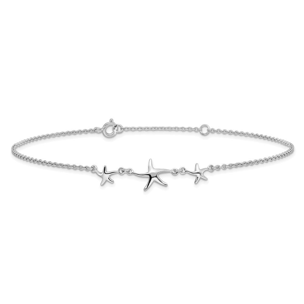 Sterling Silver Rhodium-plated 10in w/1in ext Three Stars Anklet 10 inches