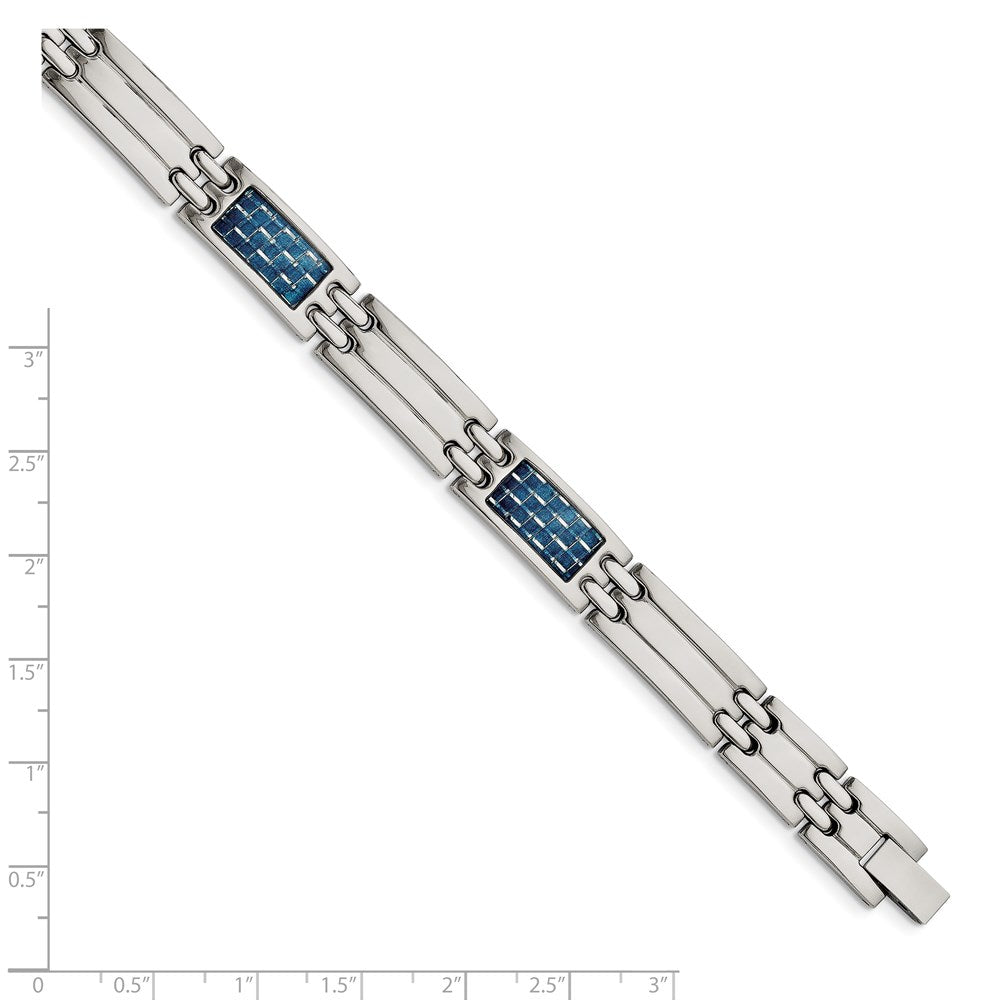 Stainless Steel Polished w/Blue Carbon Fiber Inlay 8.5in Bracelet 8.5 inches