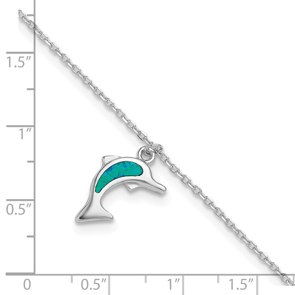 Sterling Silver Rhodium-plated Created Opal Dolphin 9 inch with an 1 inch extention Anklet 9 inches