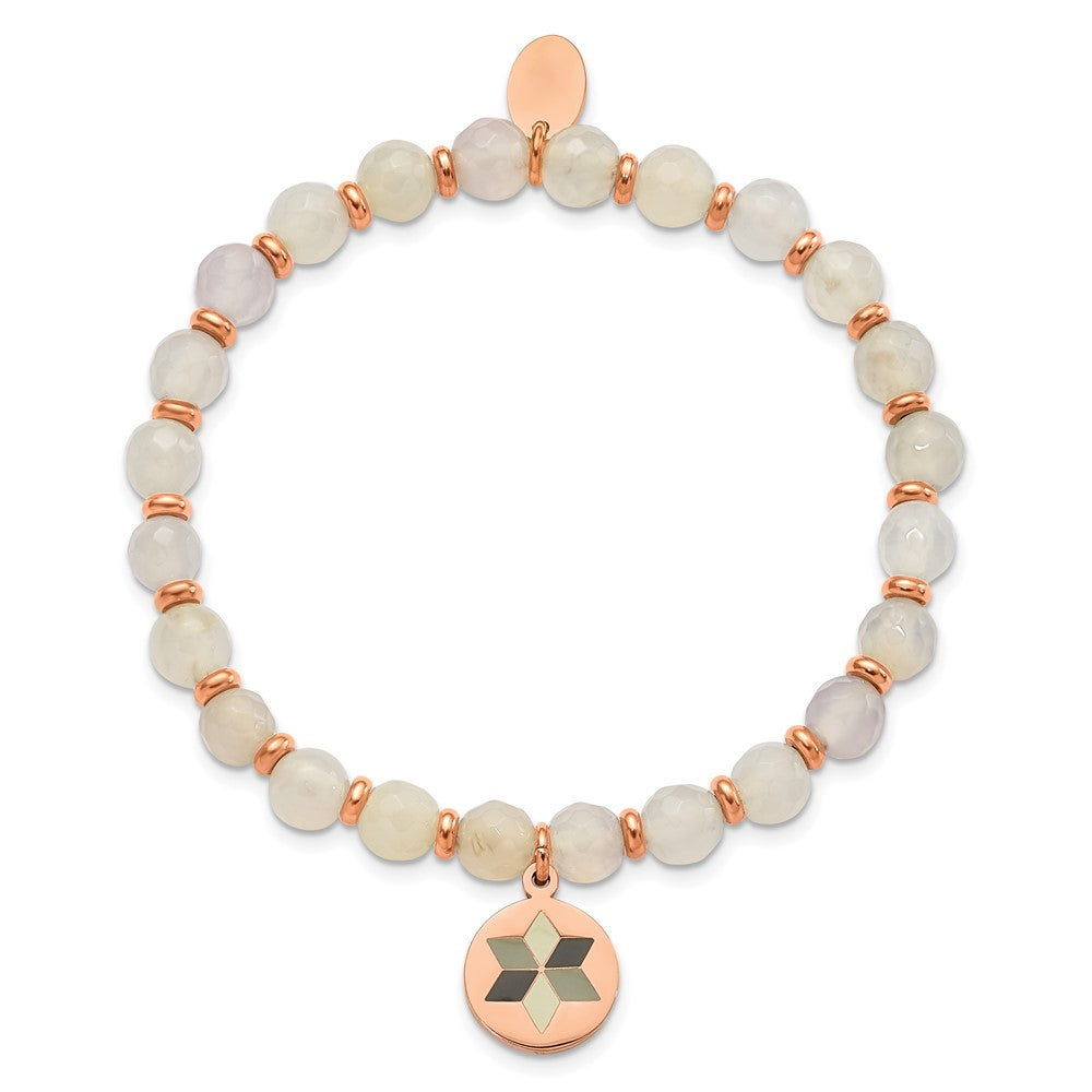 Stainless Steel Polished Rose IP Enamel Flower Jade Stretch Bracelet