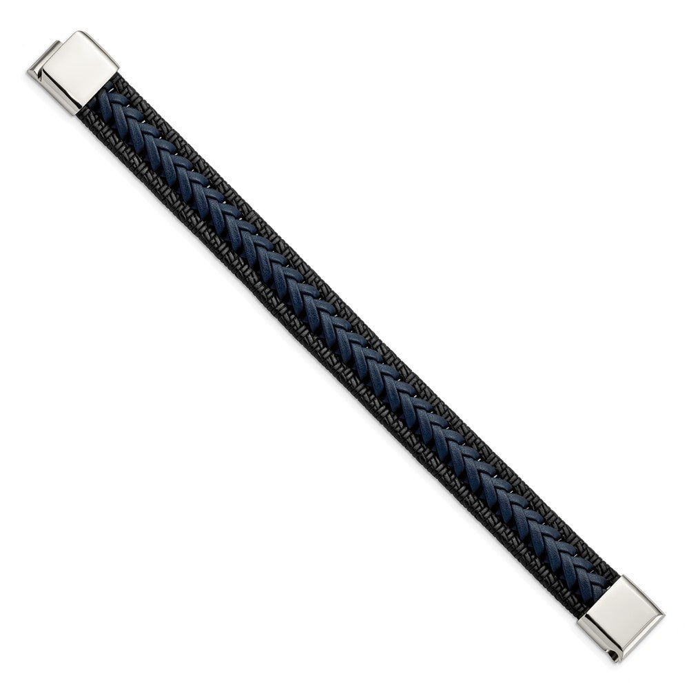 Stainless Steel Polished Black/Blue Braided Leather 8.25in Bracelet 8.25 inches