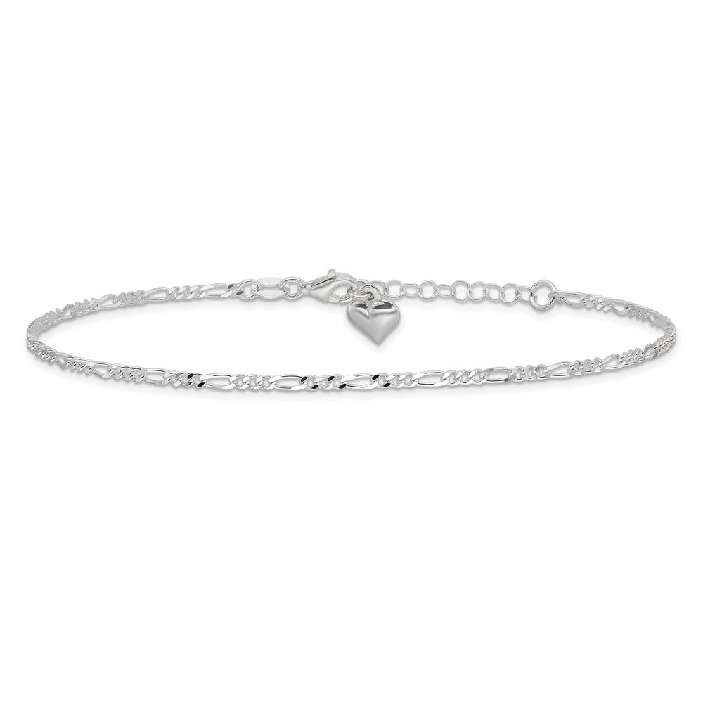 Sterling Silver Polished Heart 9in Plus 1in Ext. Anklet 9 inches