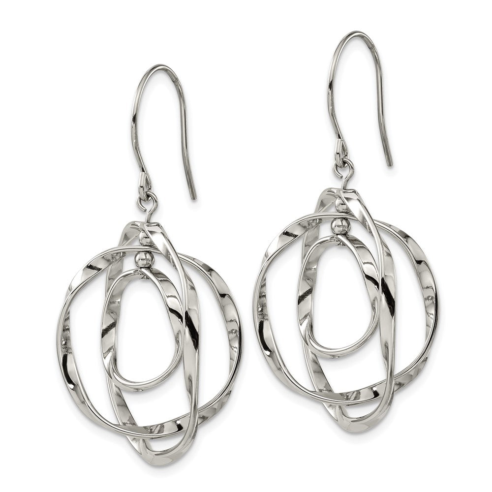 Stainless Steel Polished Wavey Circles Shepherd Hook Dangle Earrings
