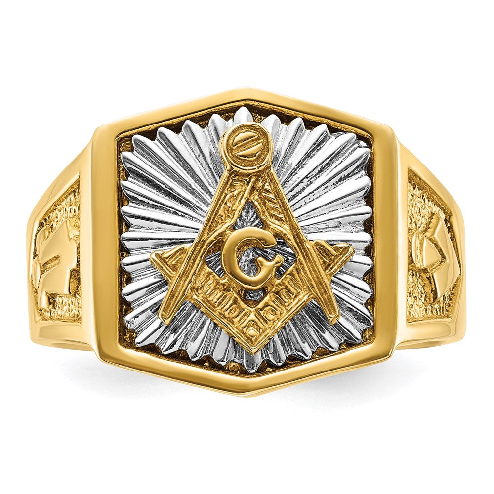 IBGoodman 14k Two-tone Men's Polished and Textured Sun Ray Blue Lodge Master Masonic Ring
