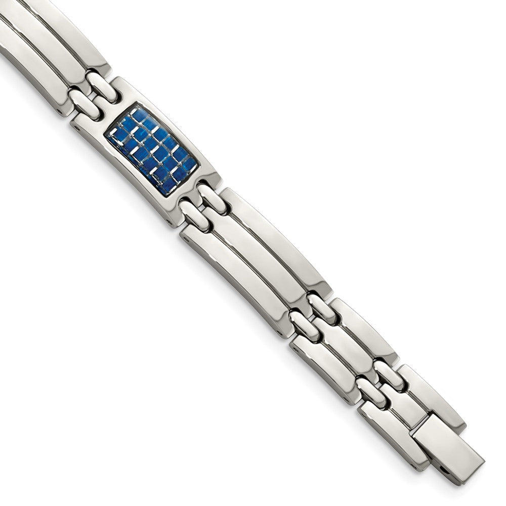 Stainless Steel Polished w/Blue Carbon Fiber Inlay 8.5in Bracelet 8.5 inches