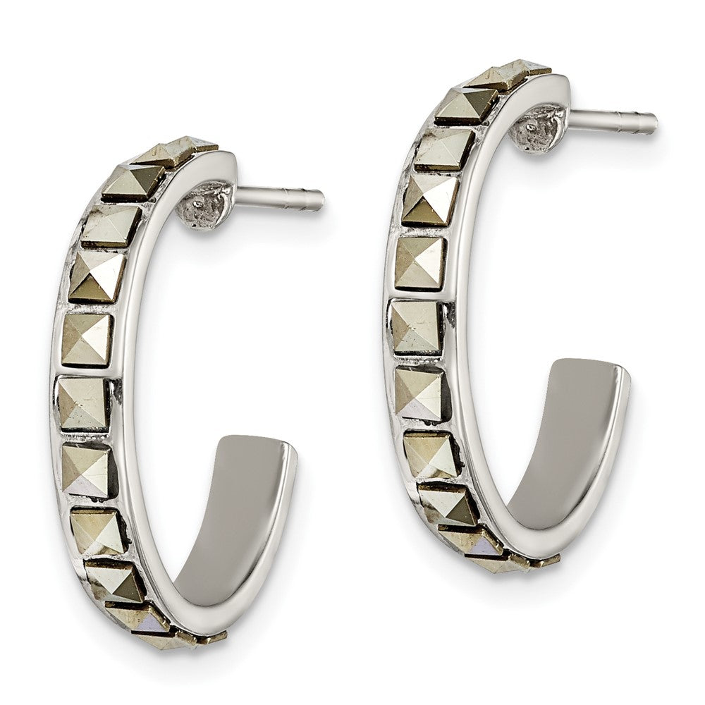 Sterling Silver Square Marcasite 20x3.5 Hoop Post Earrings