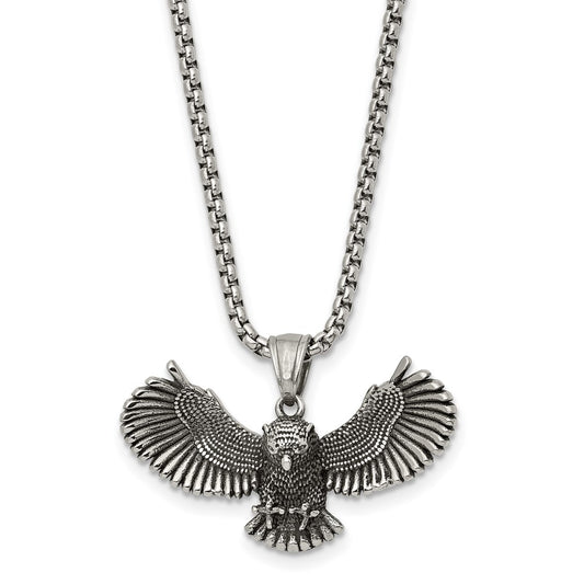 Stainless Steel Antiqued and Polished Flying Owl 24in Necklace