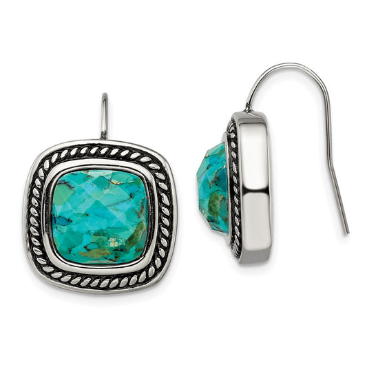 Stainless Steel Antiqued & Polished Imit. Turquoise Shepherd Hook Earrings