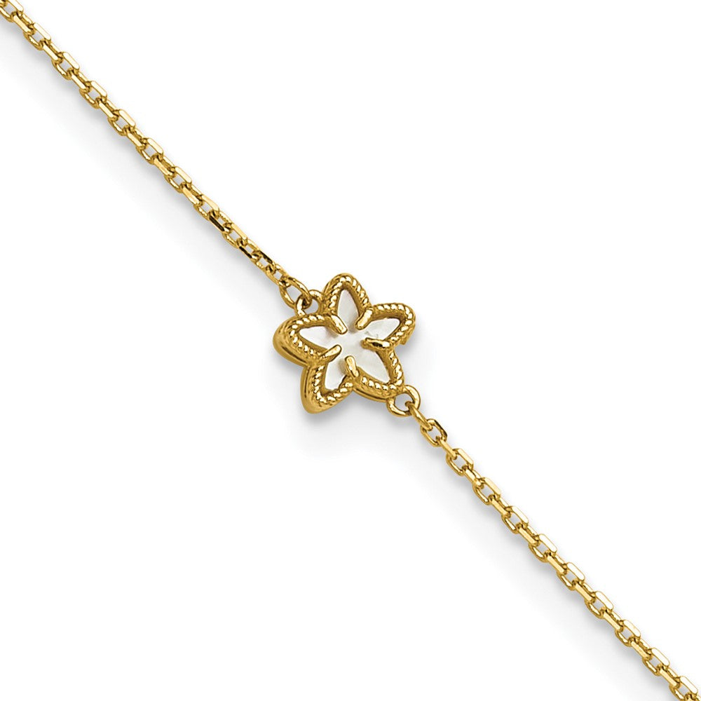 14K Polished Mother of Pearl Flower 9 inch with 1 inch Extender Anklet