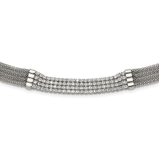 Stainless Steel Polished w/CZ Multi Strand w/2.75in ext Choker Necklace