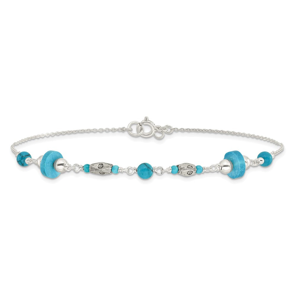 Sterling Silver Antiqued Turquoise Beaded Anklet 9 inches