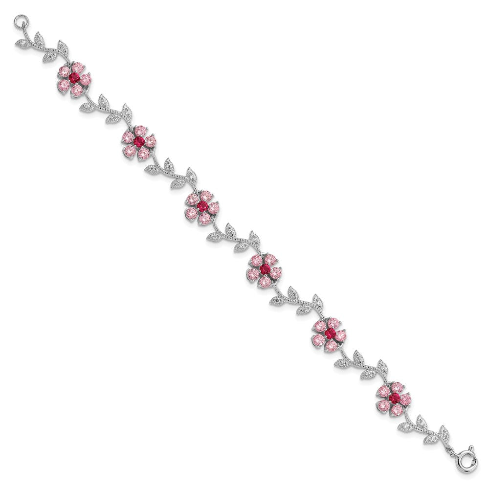 Sterling Silver Rhod-plated 7.75in Pink and Clear CZ Flower Bracelet 7.75 inches