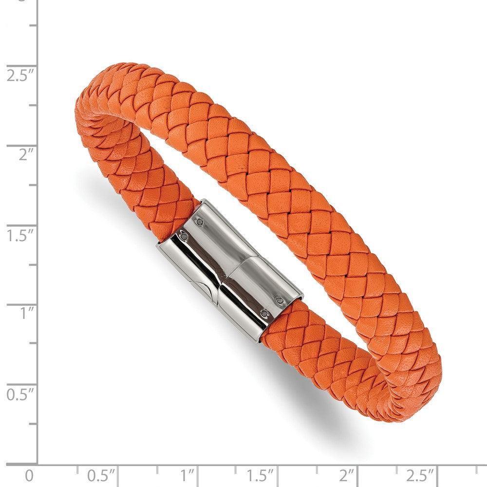 Chisel Stainless Steel Polished Braided Orange Leather 8.25 inch Bracelet 8.25 inches