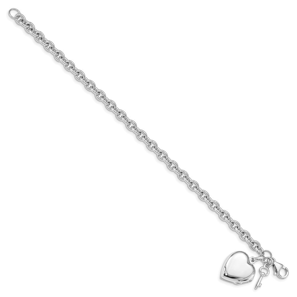 Sterling Silver Rhodium-plated Puffed Heart Locket & Key Bracelet 7.25 inches