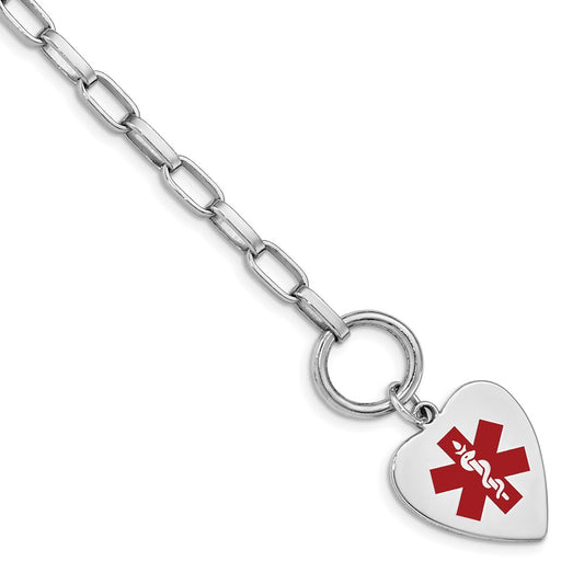 Sterling Silver Rhodium Engraveable Enamel Heart Medical ID Bracelet 7.75 inches