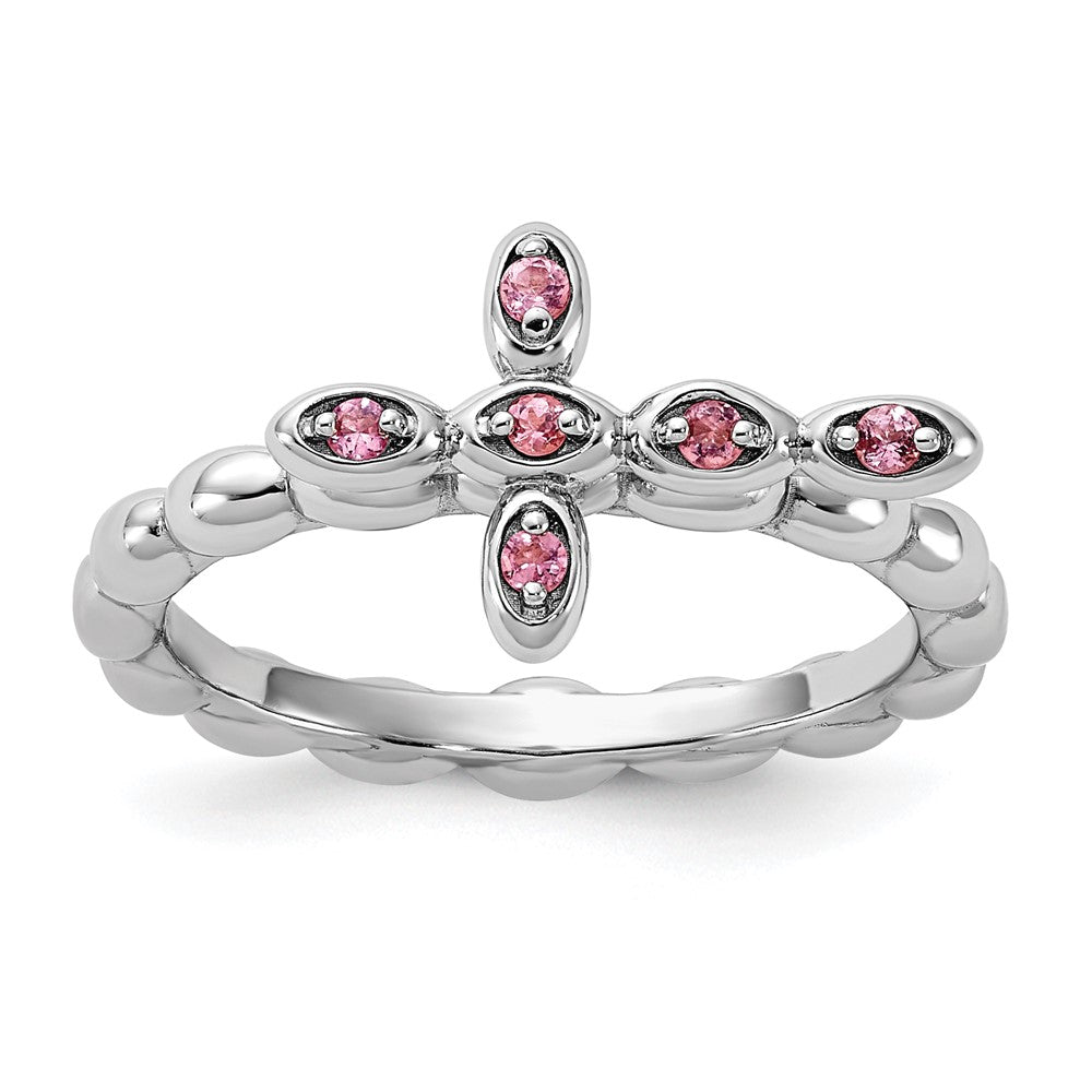 Sterling Silver Stackable Expressions Rhodium-plated Pink Tourmaline Cross Ring Size -10