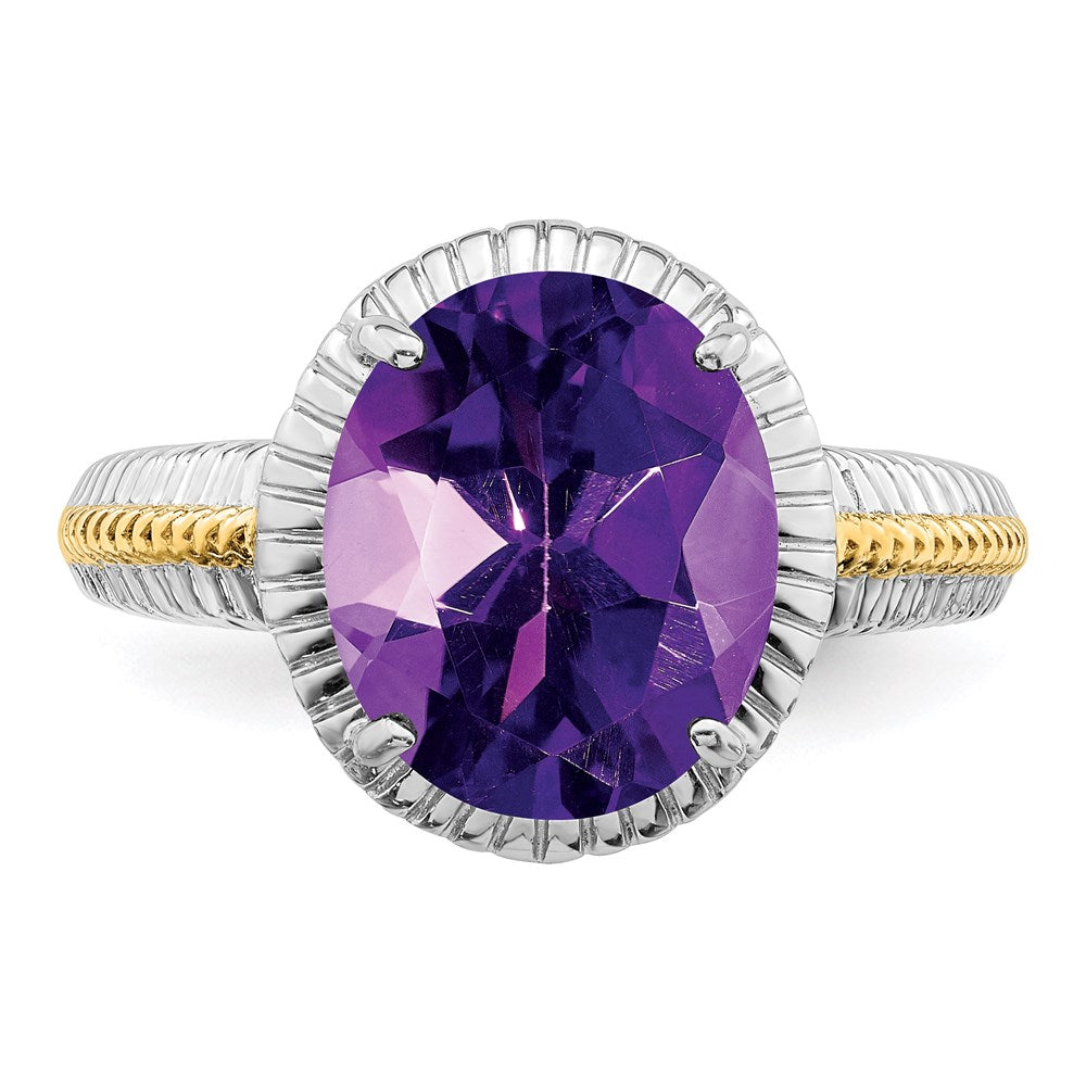 Sterling Silver Rhodium-plated w/ Flash Gold-plate Oval Amethyst Ring
