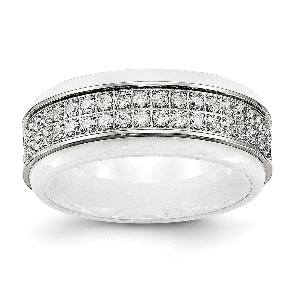 Stainless Steel Polished White Ceramic CZ Ridged edge Ring Size - 9