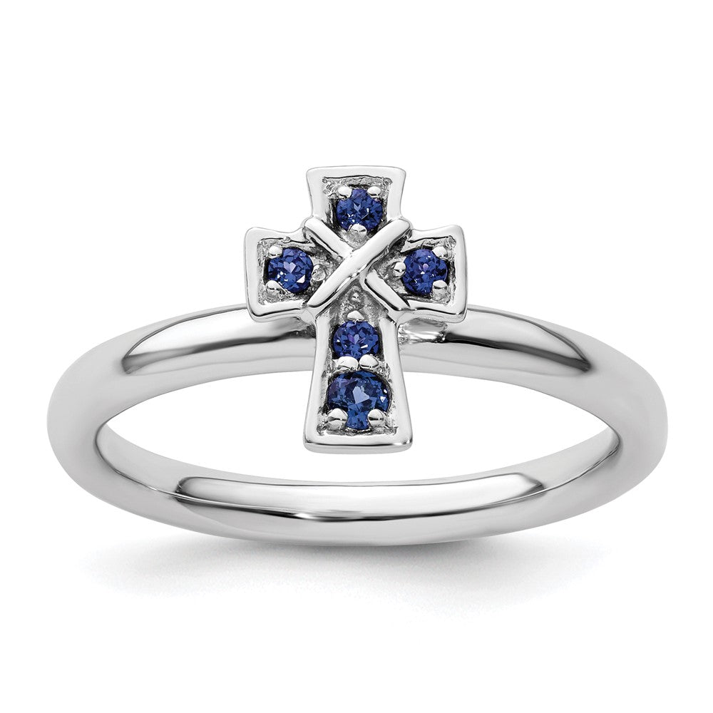 Sterling Silver Stackable Expressions Rhodium Created Sapphire Cross Ring Size -8