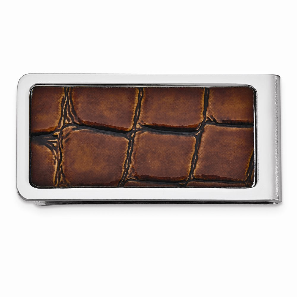 Brown Croco Texture Faux Leather Silver-tone Money Clip QGM5022