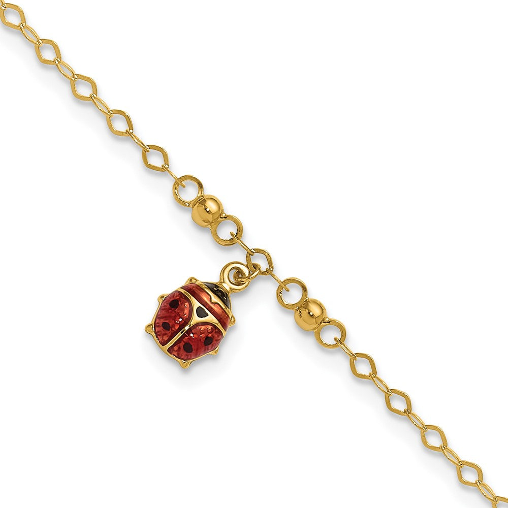 14K Adjustable Enameled Ladybug 9in Plus 1in ext. Anklet 10 inches