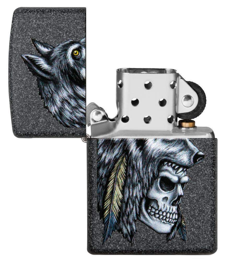 Zippo Wolf Skull Feather Design Iron Stone Pocket Lighter