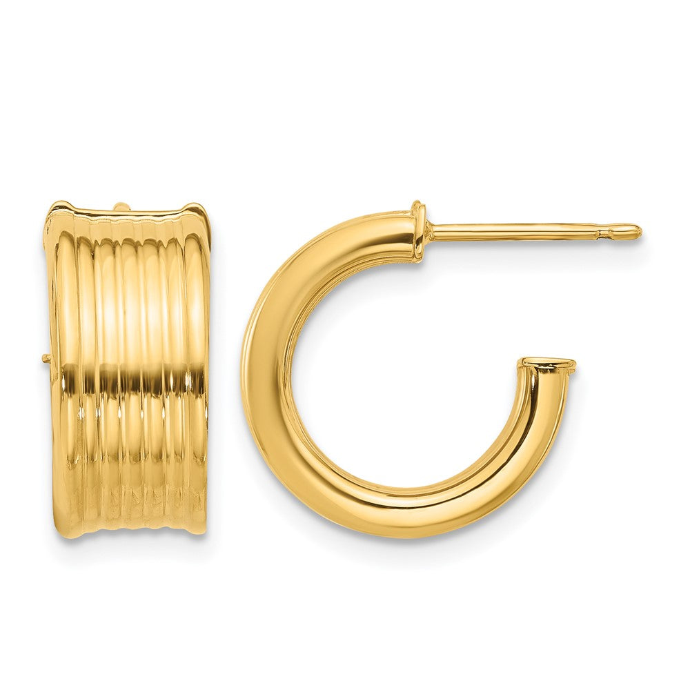 14K Polished and Grooved J-Hoop Post Earrings