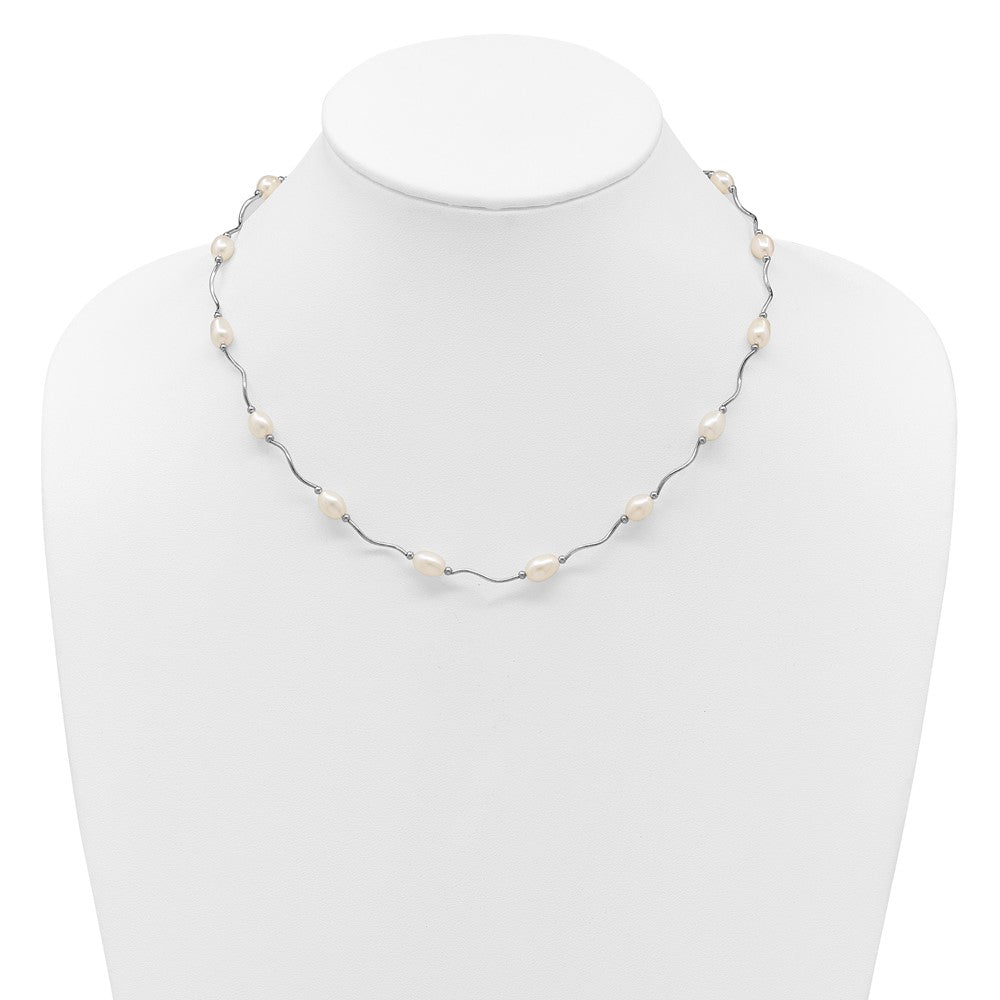 Sterling Silver Rhodium-plated 6-7mm White Rice Freshwater Cultured Pearl 16-Station 18 inch Necklace 18 Inches