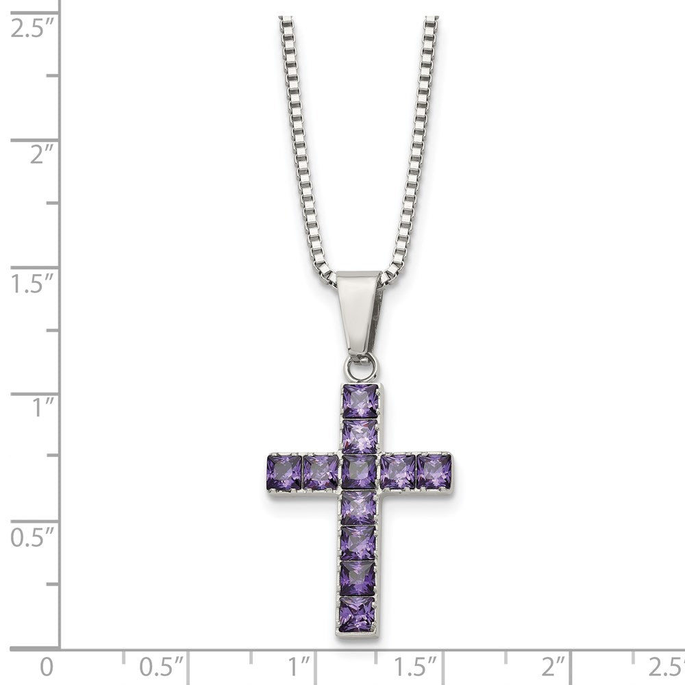 Stainless Steel Polished w/Purple Square CZ Cross 18in Necklace