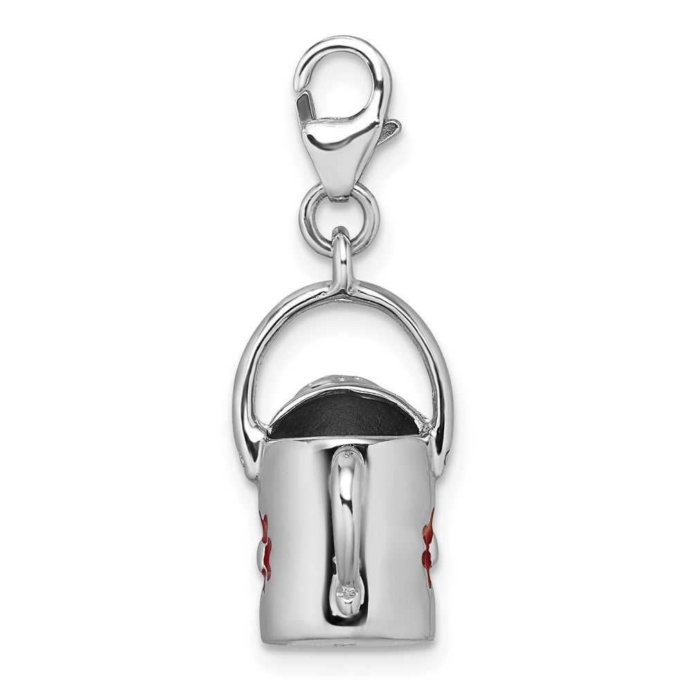Sterling Silver Amore La Vita Rhodium-plated 3D Red Enameled Flower on Watering Can Charm with Lobster Clasp