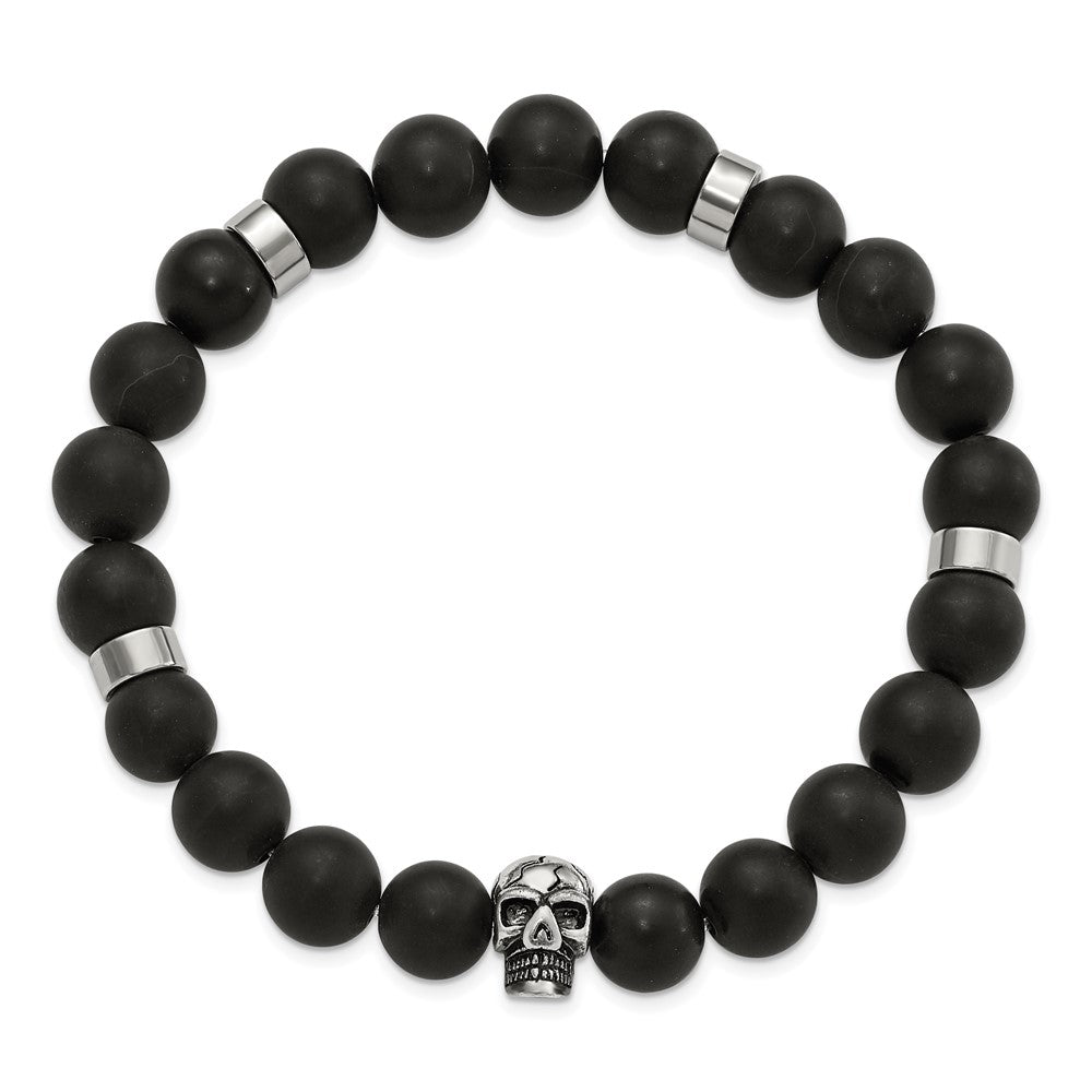 Stainless Steel Antiqued and Polished Black Agate Skull Stretch Bracelet