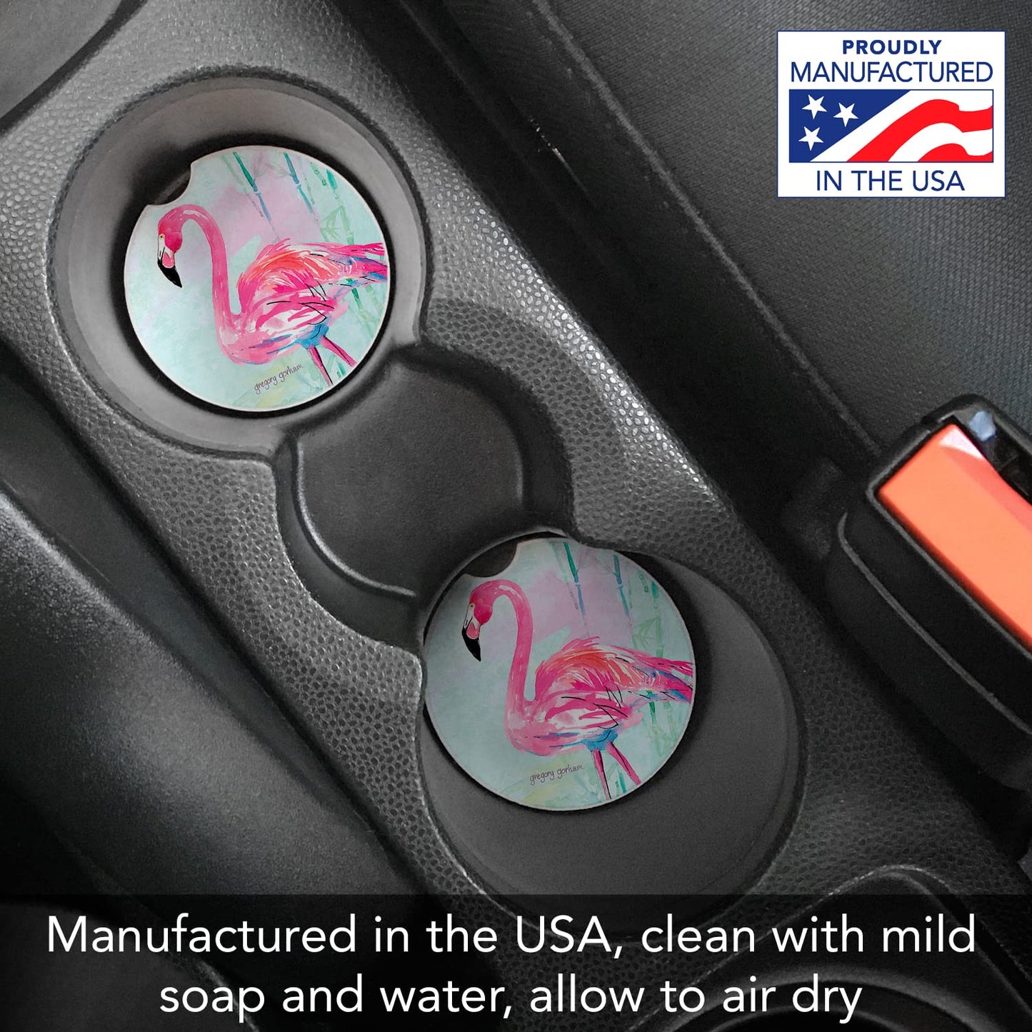 CounterArt "Flamingo Flair" 1 Pack Absorbent Stone Coaster for Vehicle Cup Holder 2.6” Diameter