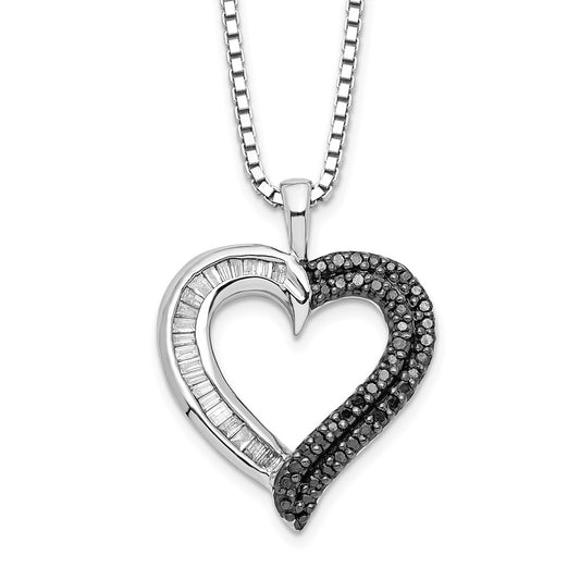 White Night Sterling Silver Rhodium-plated Black and White Diamond Heart 18 Inch Necklace with 2 Inch Extender 18 Inches
