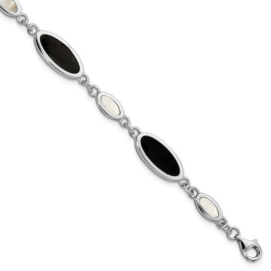 Sterling Silver Rhodium-plated Onyx and Mother of Pearl Bracelet 7 inches