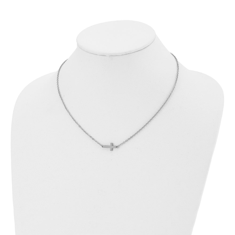 Stainless Steel Polished Sideways Cross 18in Necklace