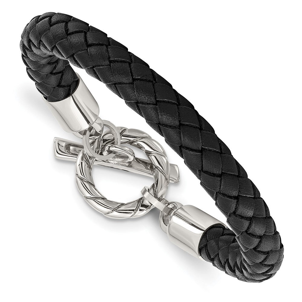Stainless Steel Polished Black Leather Toggle 8.5in Bracelet 8.5 inches