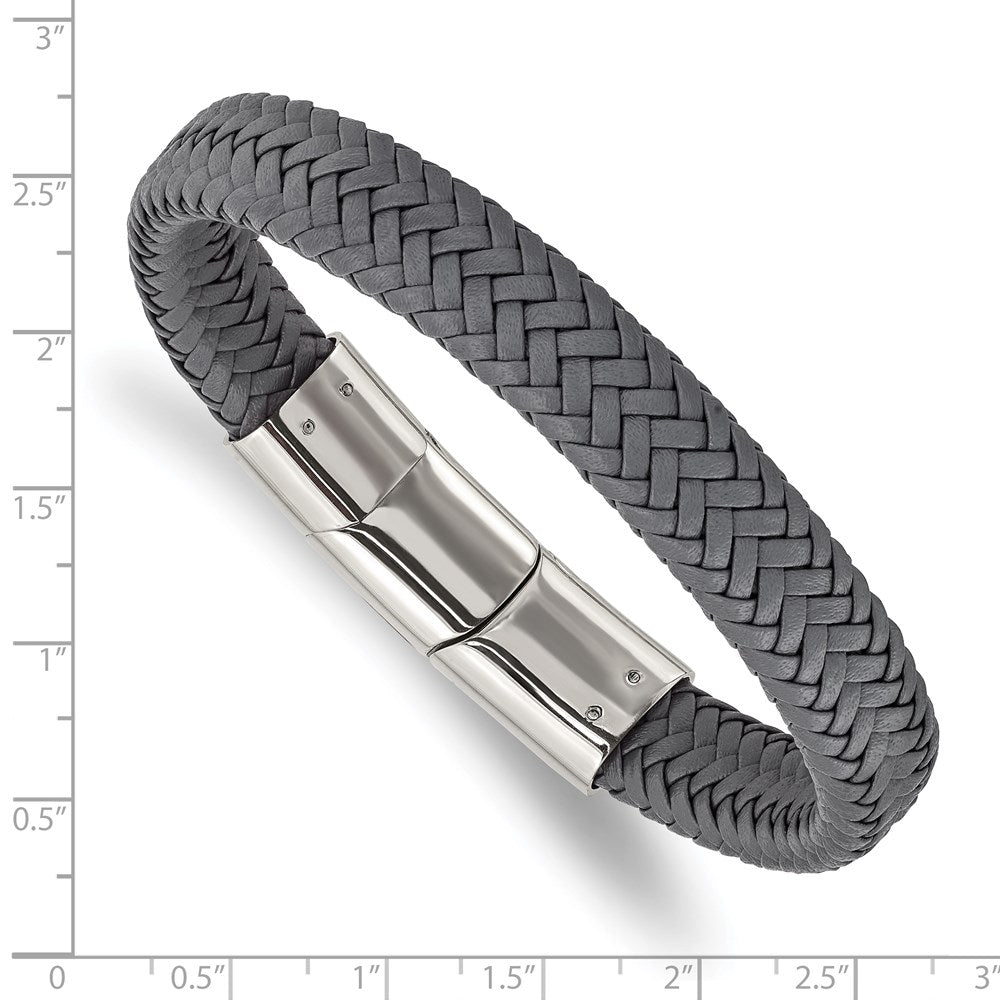 Stainless Steel Polished Grey Woven Leather 8in w/.5in ext Bracelet 8 inches
