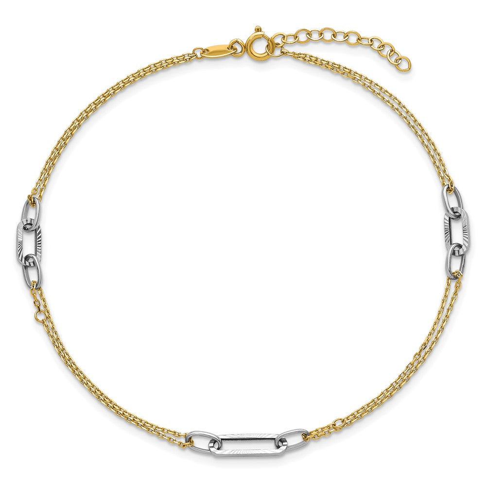 14K Two-tone Polished and Diamond-cut 3-Station 9 inch with 1 inch Extender Anklet