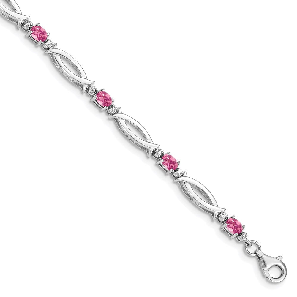 Sterling Silver Rhodium-plated Pink Tourmaline and Diamond Bracelet 7 inches