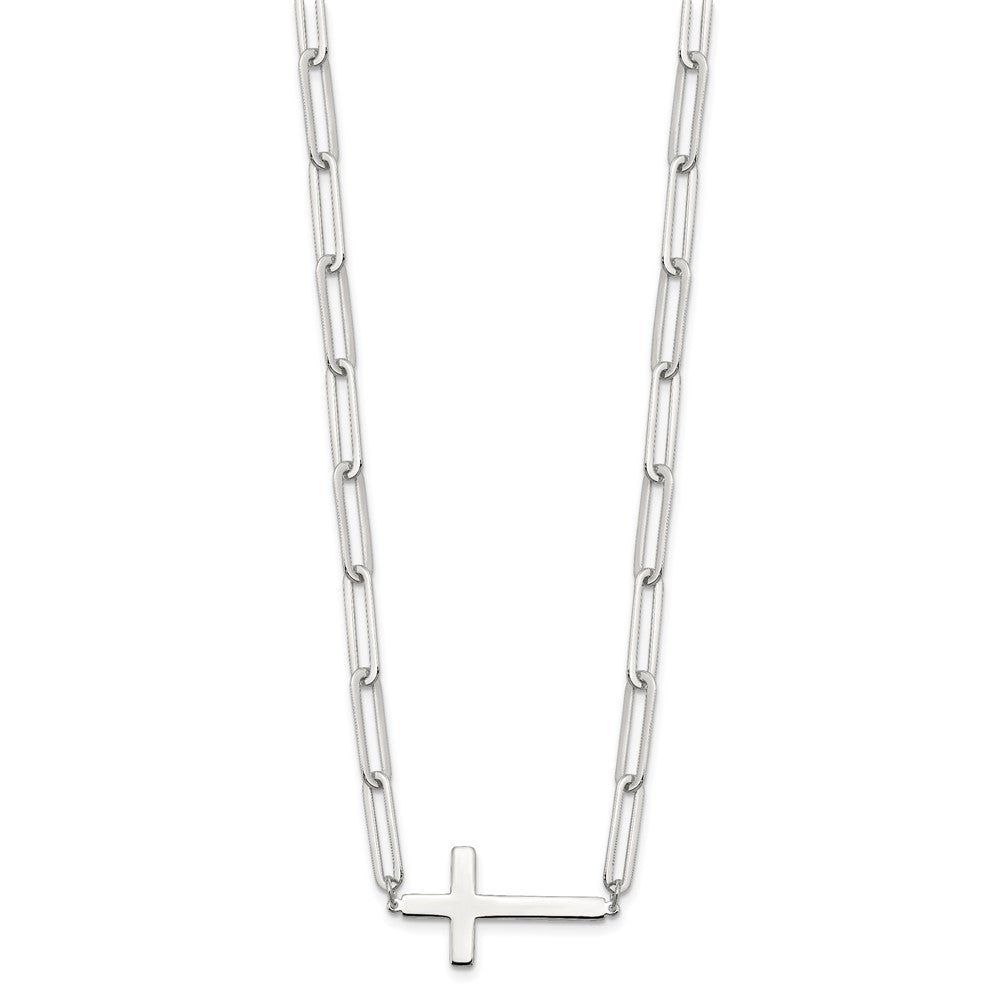 Sterling Silver E-Coated Cross Paperclip Link w/2 in ext Necklace