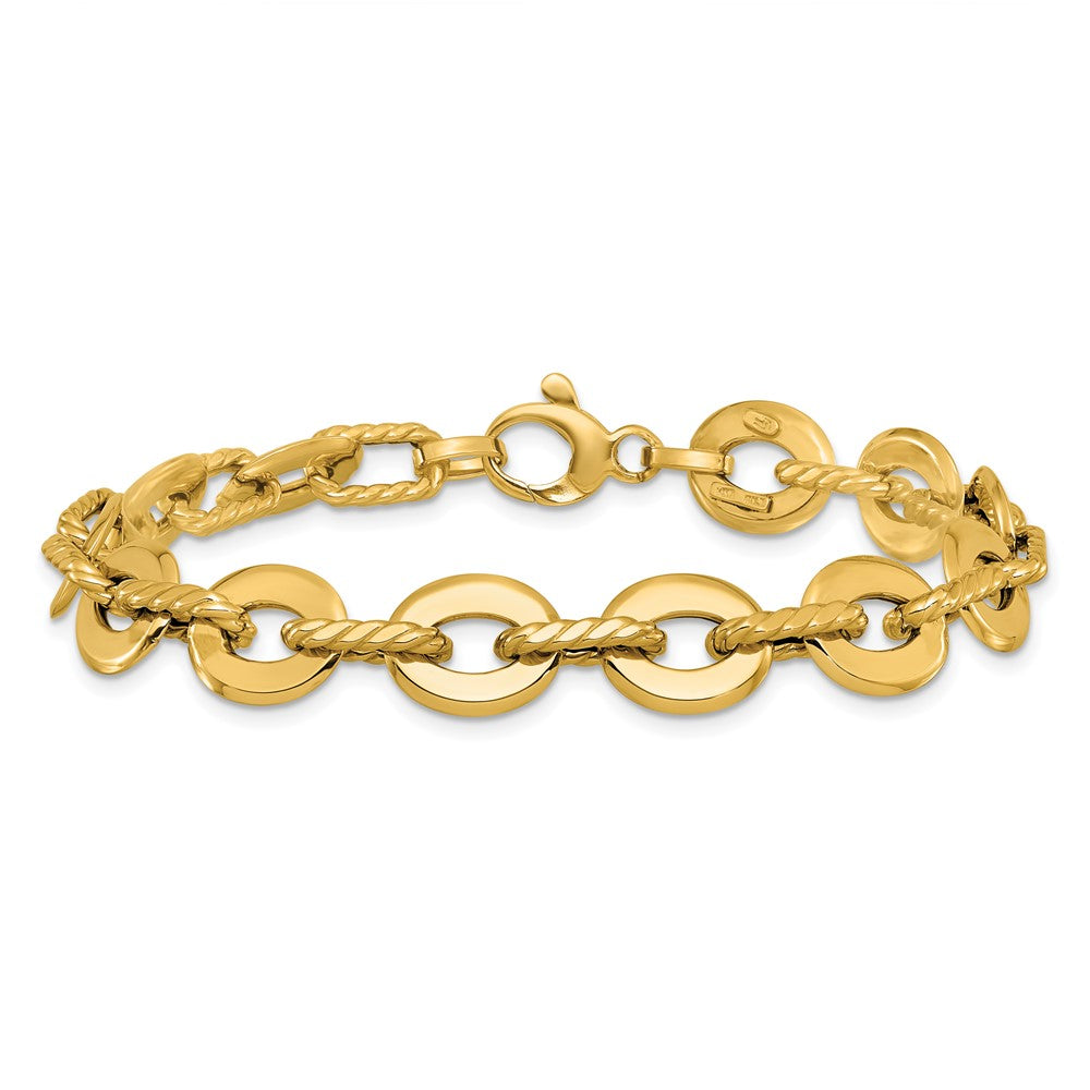 14K Polished and Grooved Fancy Link Bracelet 7.5  inches