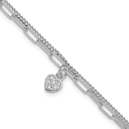 Sterling Silver Rhodium-plated CZ Heart 6.75in w/1in ext. Bracelet 8 inches