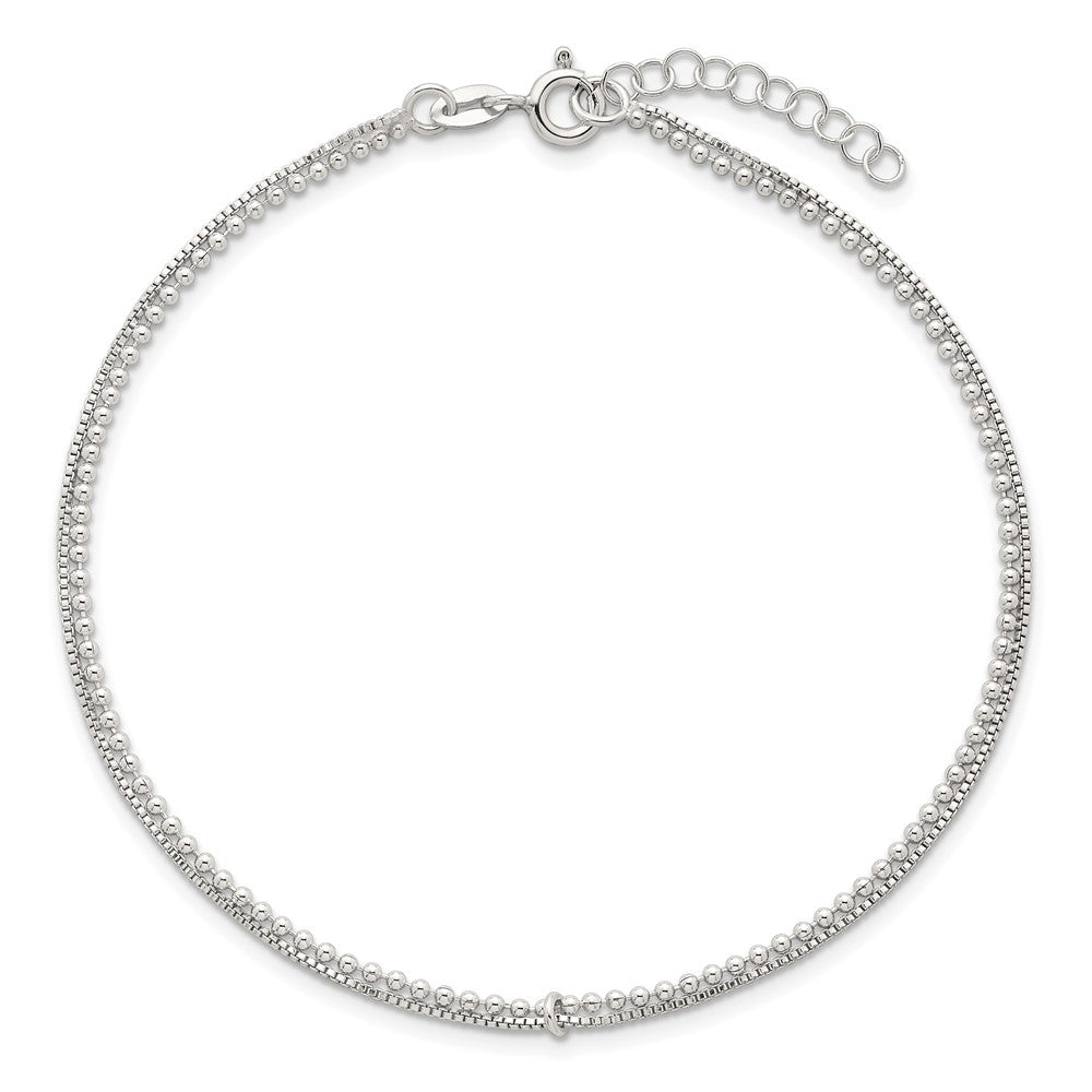 Sterling Silver Polished Beaded Double Strand 9 inch with 1 inch Extension Anklet